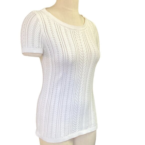 Liz Claiborne S 100% Cotton Short Sleeve Mixed Pattern Knit Top White 142K - Picture 2 of 6